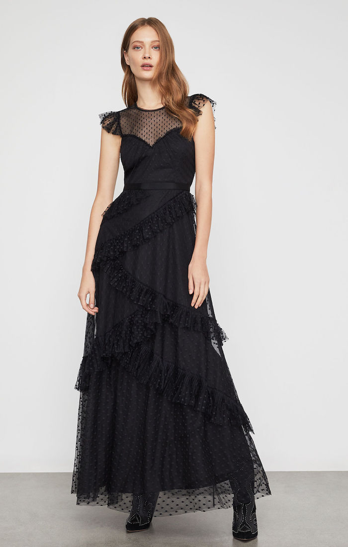 bcbg asymmetrical ruffle gown