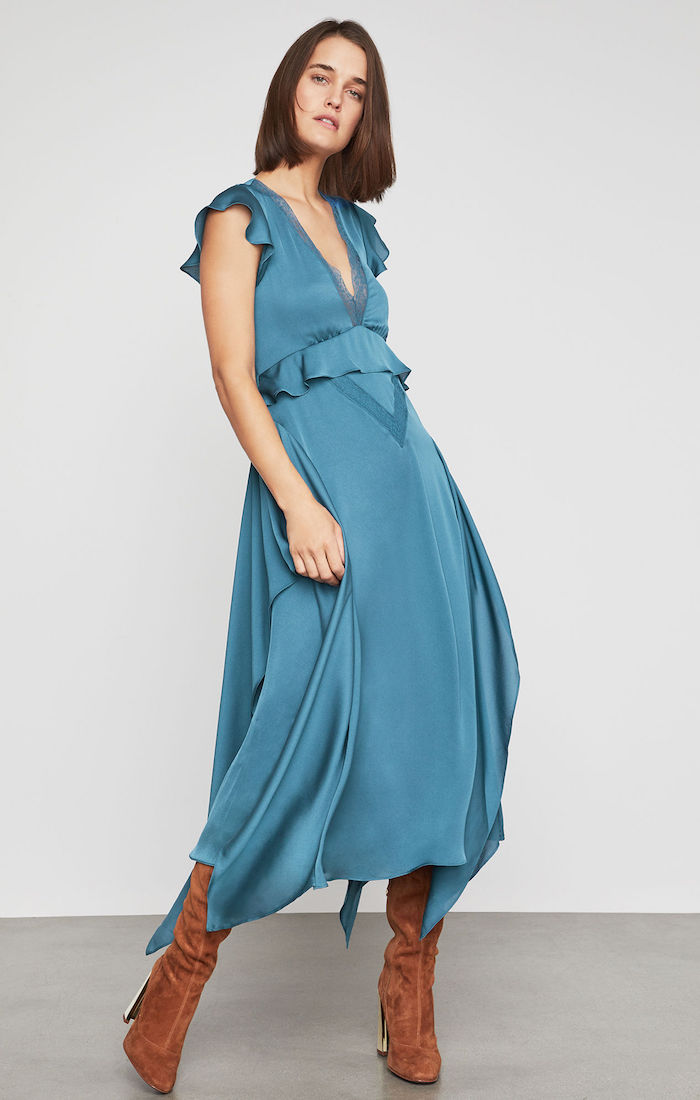 bcbg draped ruffle and lace gown