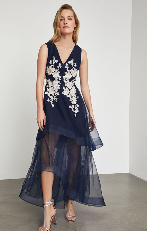 bcbg sleeveless lace applique gown