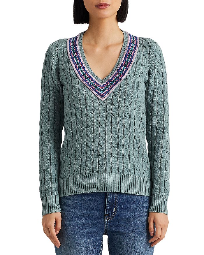 Fair Isle Trim Cable Knit Sweater