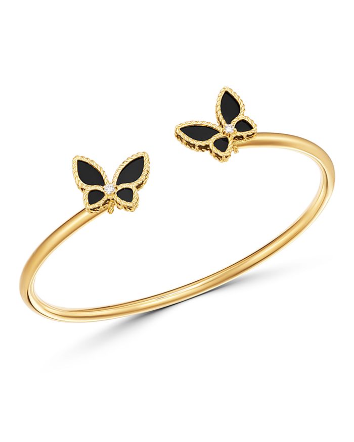 18K Yellow Gold Onyx & Diamond Butterfly Bangle Bracelet