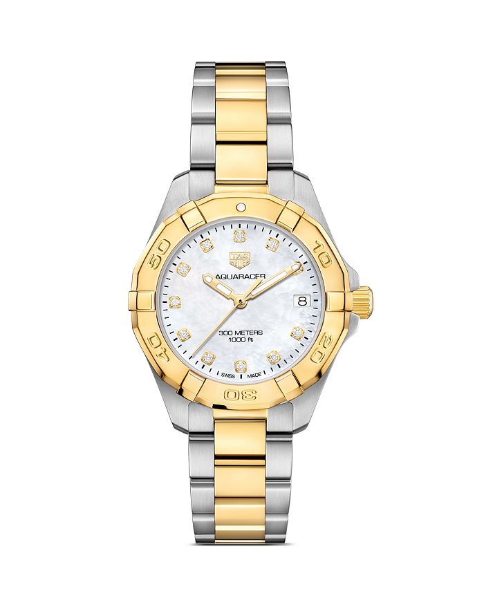 Aquaracer Quartz Ladies' Mother of Pearl Steel & 18K Yellow Gold Coating Watch, 32mm